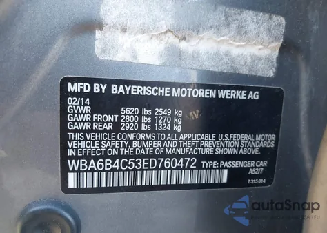 2014 BMW 650I Gran Coupe xDrive z USA, uszkodzony, nr VIN WBA6B4C53ED760472